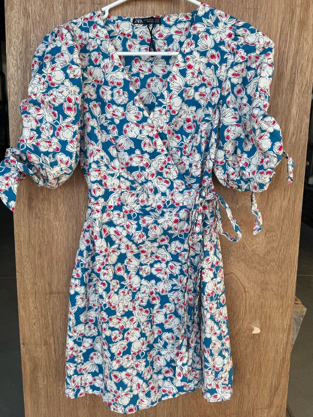 Zara 100% Cotton Blue Floral Wrap Mini Dress with Puff Sleeves